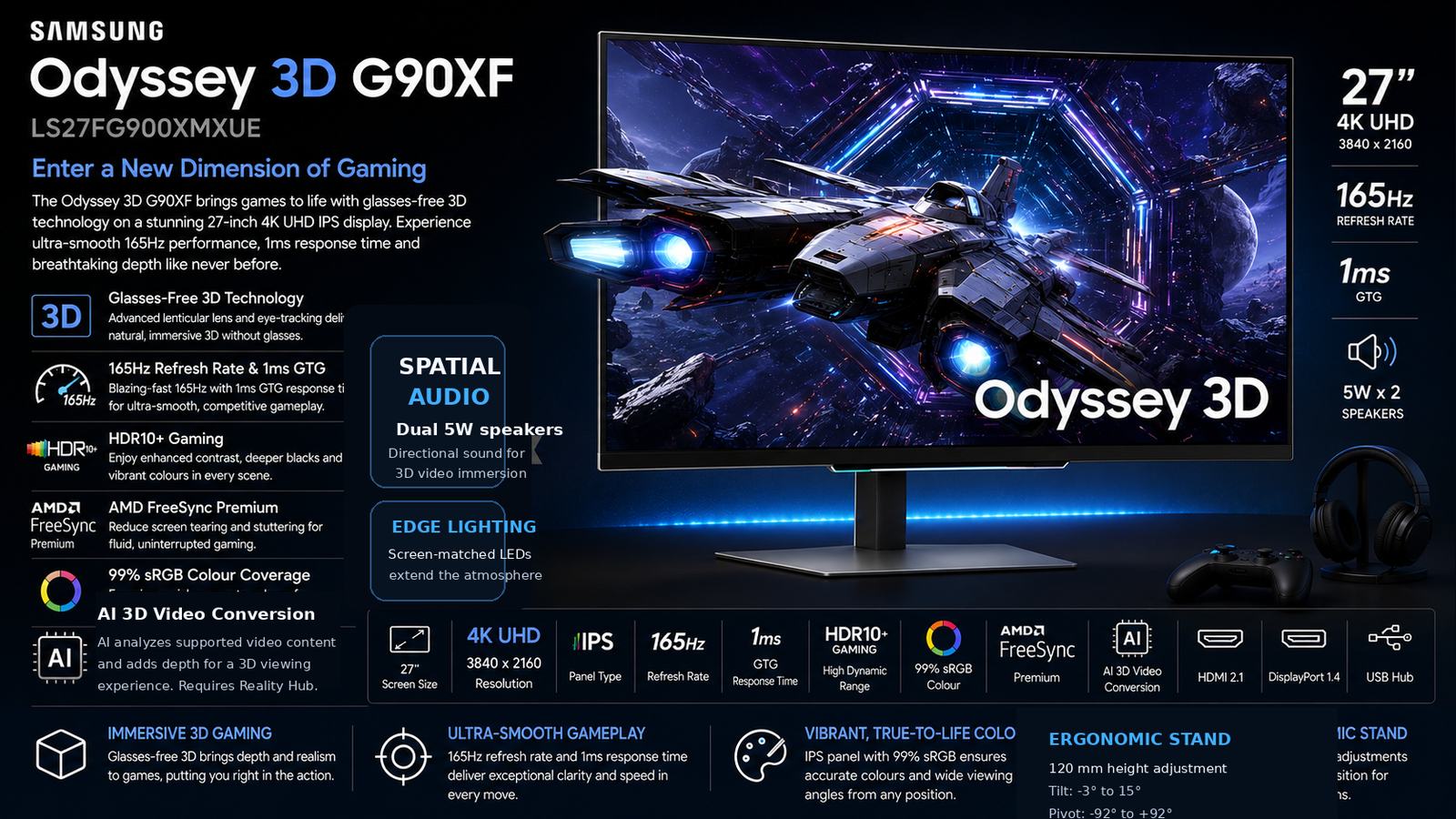 Samsung Odyssey 3D G90XF LS27FG900XMXUE 27-inch 4K UHD IPS Gaming Monitor, Glasses-Free 3D, 165Hz, 1ms GTG, HDR10+ Gaming, FreeSync Premium, Built-in Speakers, HDMI 2.1, Mercury Silver, 3-Year Warranty | LS27FG900XMXUE